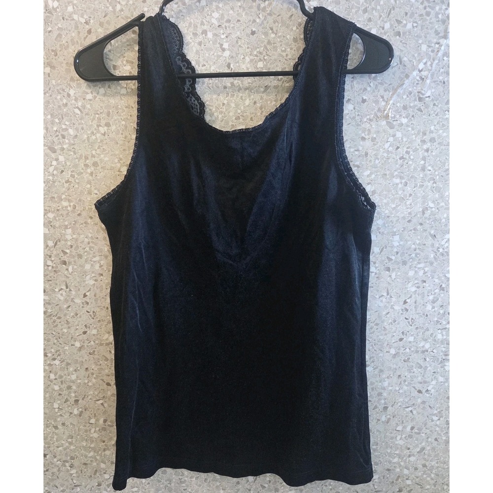 Women's Black Velvet Lace Trim Sleeveless Tank Top Stretch Casual Size L